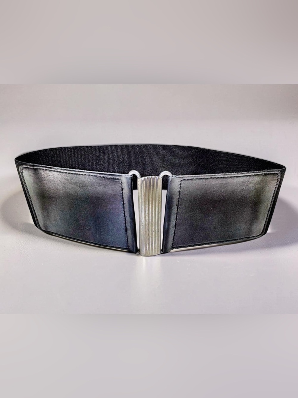 Iris Setlakwe Wide Waist Belt | Black Leather | Elastic | Silver Clasp | Size 4
